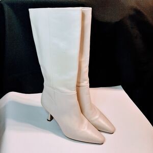 Sam Edelman Women's Samira Kitten-Heel Leather Boots Mid Calf Cream 6M Sexy Chic